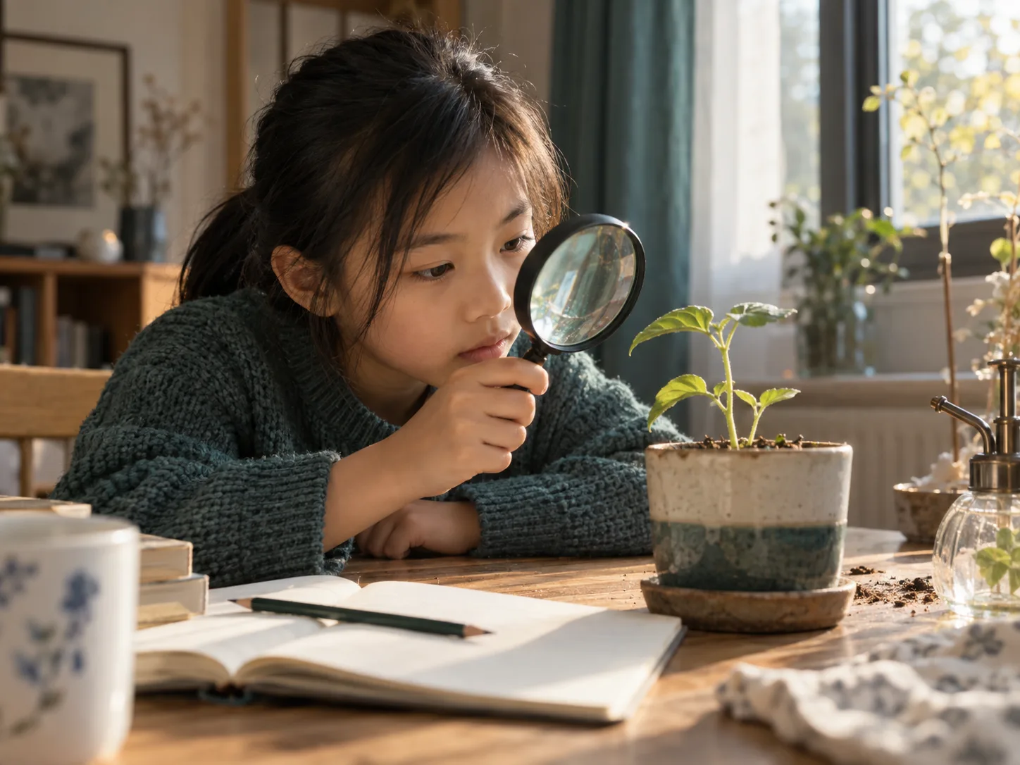 家庭成员在阳光下用放大镜观察幼苗