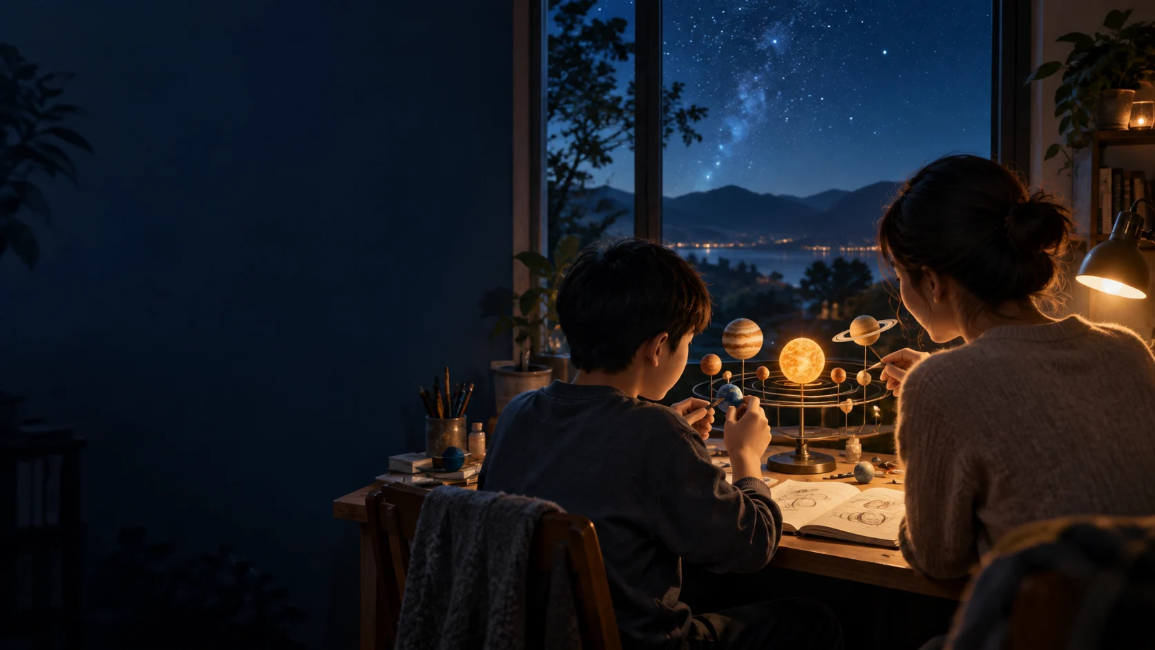 家庭成员在夜晚的书桌前一起制作太阳系模型
